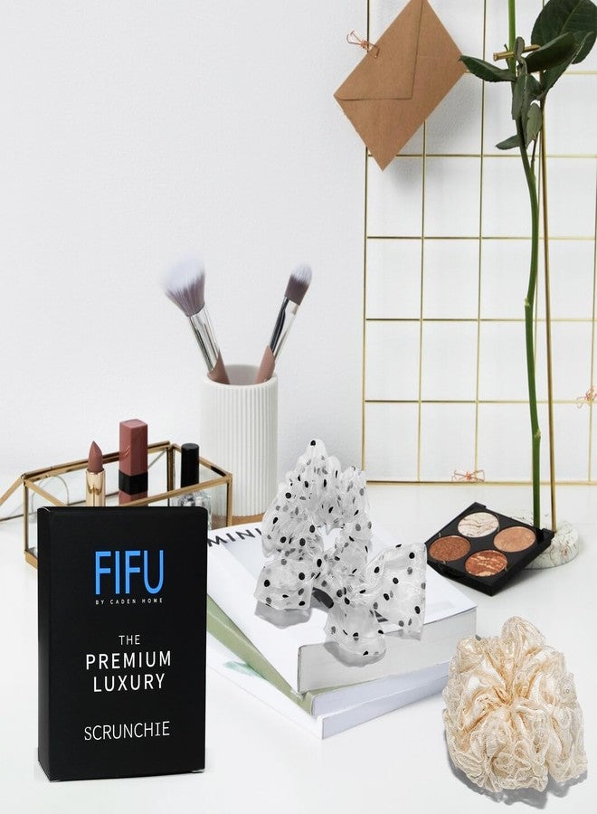 FIFU مجموعة ربطات شعر فاخرة من FIFU، عبوة من قطعتين، ربطات شعر بيضاء منقطة من الشيفون وربطات شعر بيج مزينة بالترتر، ربطات شعر مزدوجة الطبقات، مرنة وثابتة للنساء والفتيات، رقم الموديل 6 - Image 2